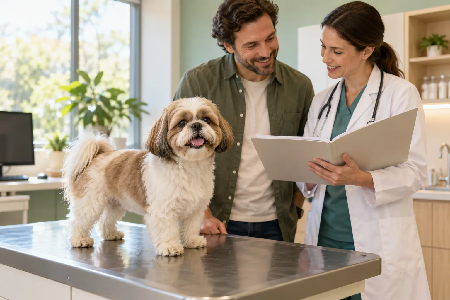 A veterinary professional and owner reviewing papers beside a small dog