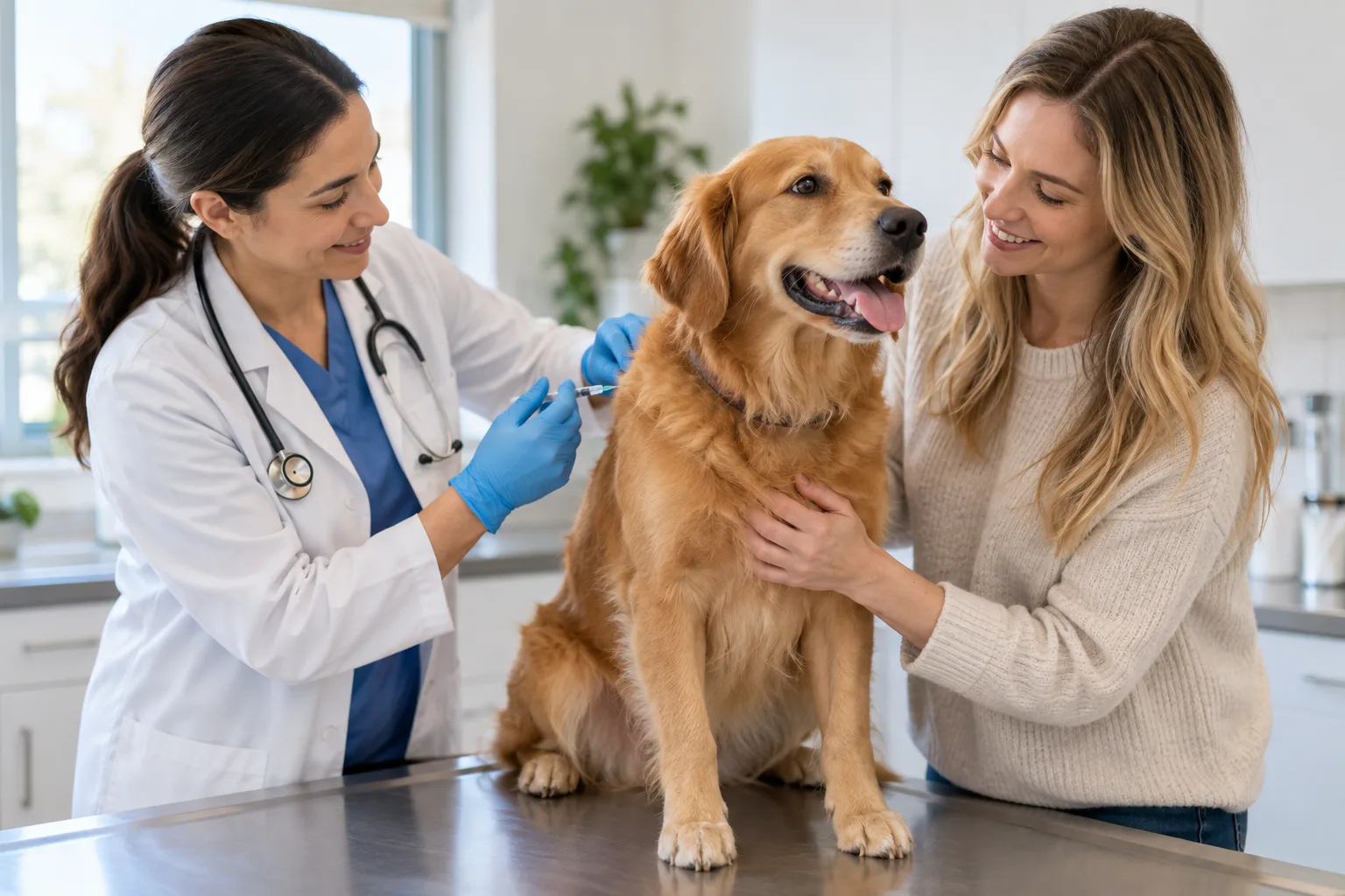 Veterinarian examining a dog with its owner nearby